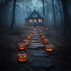 A spooky, misty forest path leads to a mysterious cabin with glowing jack-o-lanterns lining the way.