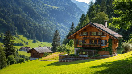 Wooden chalet or house in green landscape of Swiss Alps in summer