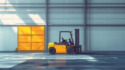 Wall Mural - Yellow Forklift in a Modern Industrial Warehouse with Sunlight Streaming Through Windows