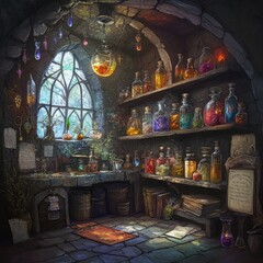 Poster - A stone-walled room with shelves full of potions and a window overlooking a forest.