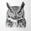 © Kin no Hikari - Detailed black and white illustration of an owl, showcasing its intense gaze and intricate feather patterns.