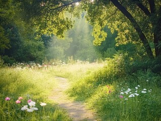 Sticker - A sunny path through a lush green meadow.