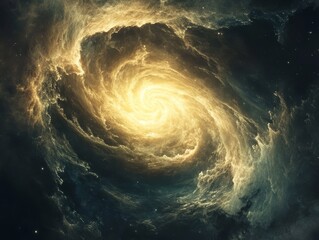 Poster - A swirling nebula with a bright, yellow center in a dark space.