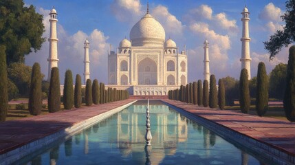 A symmetrical view of the Taj Mahal, a beautiful white marble mausoleum, with a reflecting pool in the foreground and a line of trees on either side.