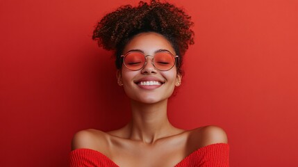 Portrait of a smiling woman wearing red sunglasses and an off-shoulder red sweater, set against a matching red background, expressing joy and fashion.