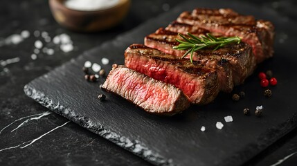 Wall Mural - Perfectly grilled steak sliced on black marble countertop, medium-rare beef, rosemary garnish, peppercorns, coarse salt, slate serving plate, professional food photography.