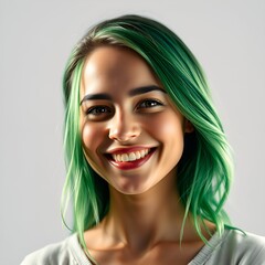 Wall Mural - Isolated Portrait of a Joyful Young Woman with Emerald Locks on Transparent Background