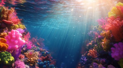 Canvas Print - A vibrant coral reef with bright sunlight streaming through the water.