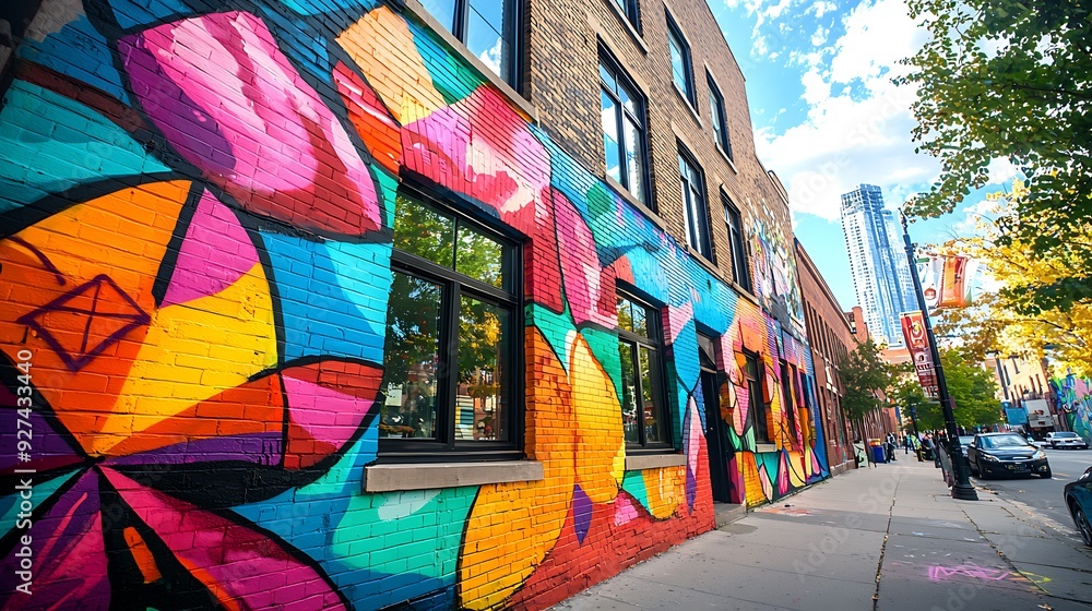 A vibrant street art mural adorning the side of a city building ...
