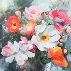 Sticker - A vibrant, close-up painting of a bouquet of delicate white, pink, orange, and red flowers.