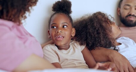 Poster - Parents, children and happy in bed with communication, smile and calm in morning for love together. Mom, dad and kids in room in conversation, wellness care and family to connect for bonding