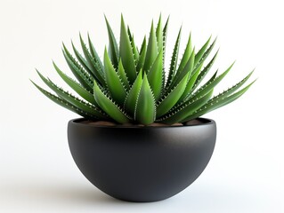 Wall Mural - A single succulent plant with green, spiky leaves is potted in a black, round container against a white background.