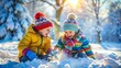 © Mystery - children playing on snow in winter time