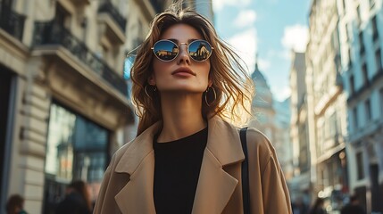 A stylish woman confidently walking down a bustling city street, her fashion-forward outfit catching the eye amidst the urban backdrop