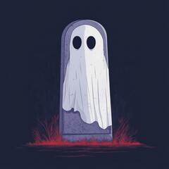 Wall Mural - A white ghost in a sheet stands next to a tombstone, with red grass growing around it in a dark blue background.