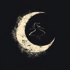 Poster - A witch flying across a crescent moon in a dark sky.