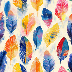 Poster - Colorful feather pattern with blue, yellow, and pink hues, arranged on a light cream background, creating a soft and dynamic seamless tile.