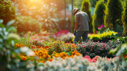 Wall Mural - Gardener admiring a blooming flowerbed basking in the beauty of nature and the rewarding results of diligent care and attention