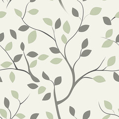 Canvas Print - Elegant seamless pattern with minimalist branches and green leaves on a light background. Simple and clean design with a focus on natural elements and gentle curves.