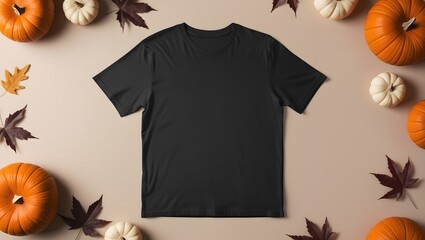 black tshirt mockup for halloween with pumpkins and leaves on orange background. minimal t-shirt fro