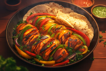 Wall Mural - spicy mexican fajitas with juicy grilled chicken and roasted vegetables, served sizzling in a rustic skillet, a fiesta of flavors