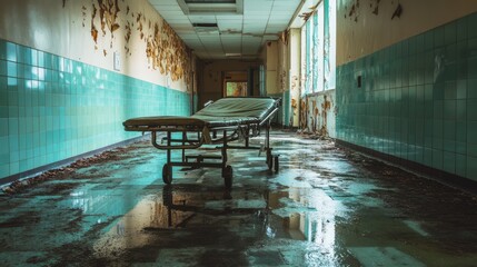 Abandoned hospital corridor with a gurney and peeling paint.