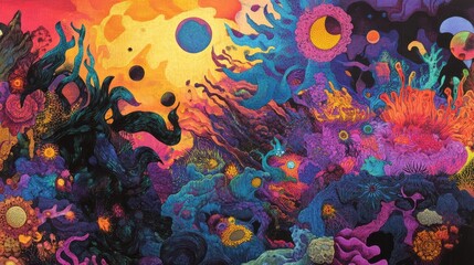 Canvas Print - Abstract cosmic landscape with vibrant colors, swirling patterns and strange celestial bodies.