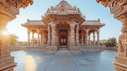 Traditional Indian design of the Swaminarayan Akshardham Temple with its intricate carvings and peaceful ambiance