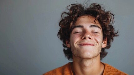 Young man expressing happiness with closed eyes and wide smile standing against a solid studio background