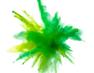 Wall Mural - bright green holi paint color powder festival explosion Splash on a white isolated backgroun. Generative AI.