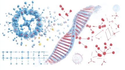 Abstract illustration of DNA, cells, molecules and virus.