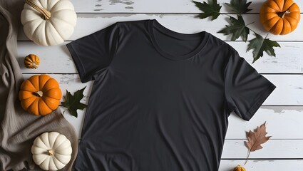 Black tshirt mockup for halloween with pumpkins and leaves on wooden background. Minimal t-shirt front design template