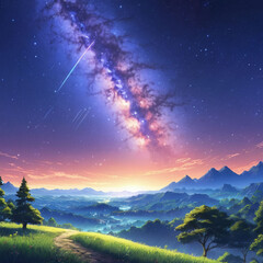 Wall Mural - milky way anime style illustration at night and outdoor nature, beautiful milkyway illustration