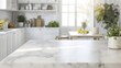 © Pascal - A bright kitchen with a large marble bench as the focus in the foreground and the background slightly blurred, light color palette, modern looking