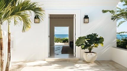 Wall Mural - A bright beachside home with a doorway leading to a dark room -