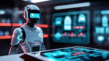 Wall Mural - an ai-powered robot examines digital data on a touchscreen in a futuristic control room, showcasing 