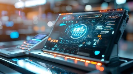 Wall Mural - a detailed view of an advanced touchscreen interface in a futuristic control room, featuring complex