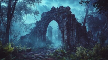 Poster - An ancient stone archway stands tall amidst a misty, overgrown forest.