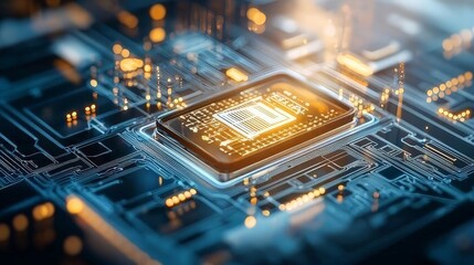 A glowing microchip surrounded by golden circuit lines on a futuristic circuit board. The image captures the essence of advanced technology and electronic engineering.