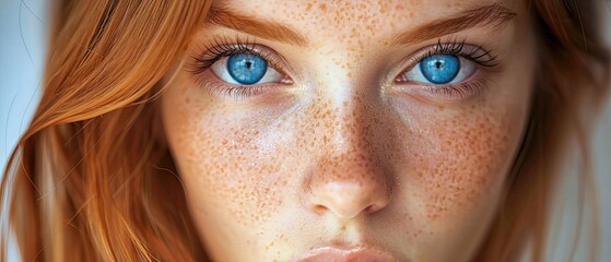 Extreme close-up of woman's blue eyes and freckles.