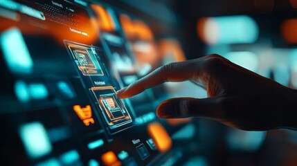Wall Mural - a hand interacting with a futuristic touchscreen interface in a digital environment, featuring neon 