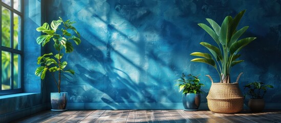 Poster - Blue Wall Interior with Sunlight and Plants