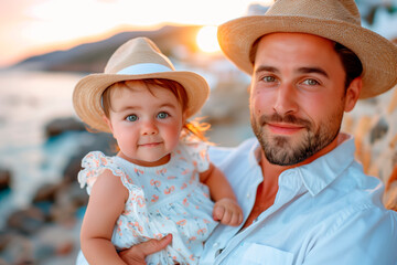 Wall Mural - A smiling father holds his young daughter on the beach at sunset both wearing straw hats enjoying a moment of family love and connection.