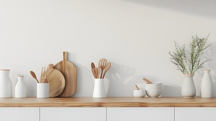 Wall Mural - A modern kitchen counter with wooden utensils and vases on a white wall background, providing copy space for text. Mockup banner template design