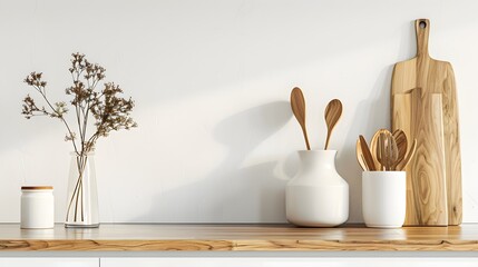 Wall Mural - A modern kitchen counter with wooden utensils and vases on a white wall background, providing copy space for text. Mockup banner template design