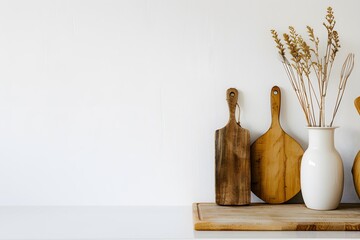 Wall Mural - A modern kitchen counter with wooden utensils and vases on a white wall background, providing copy space for text. Mockup banner template design