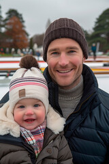 Wall Mural - Man and child bundled up warmly smiling outdoors