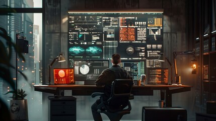 A lone programmer sits at a desk in a dark room, working on code, illuminated by a lamp.