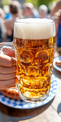 Wall Mural - beer on the table and appetizing German sausages. AI generative.