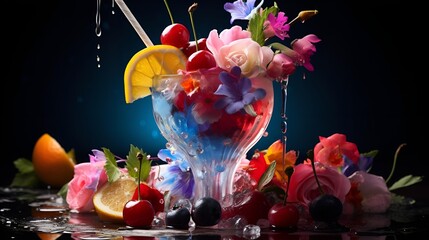 Poster - a glass with flowers and fruits. 